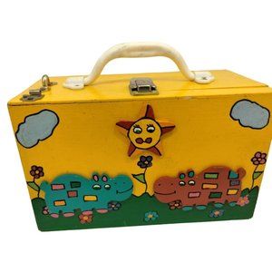 Hand Painted Wood Lunchbox Hippos Storage Box Handmade Yellow 3D